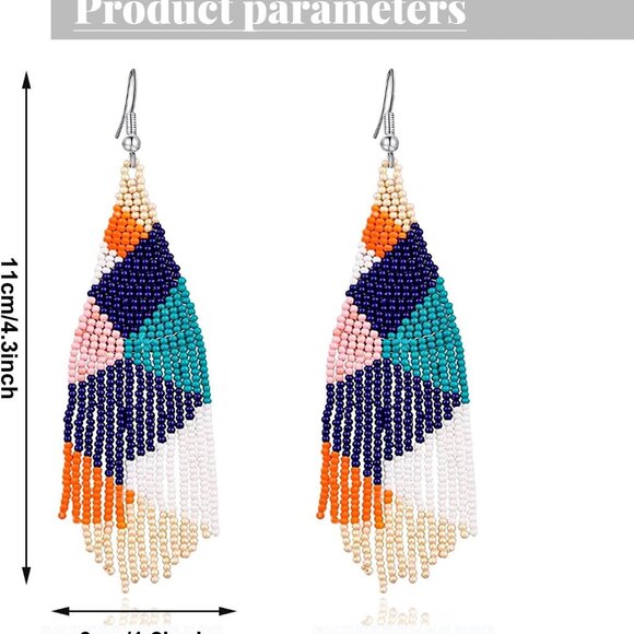 Long Beaded Drop Dangle Earrings Boho Native Handmade Seed Bead Tassel Earrings - Picture 3 of 6